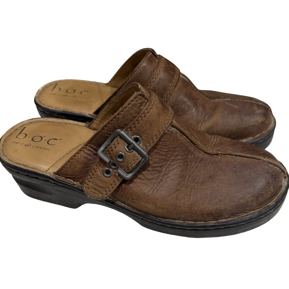 b.o.c. Brown Leather Buckle Clog Mules